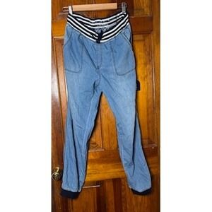 Special A Denim Joggers Women M Blue Striped Waistband Drawstring Jeans‎
